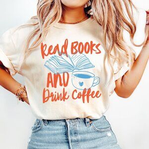 NEW Read Books and Drink Coffee Crewneck Graphic Tee Shirt, Book Lover Gift